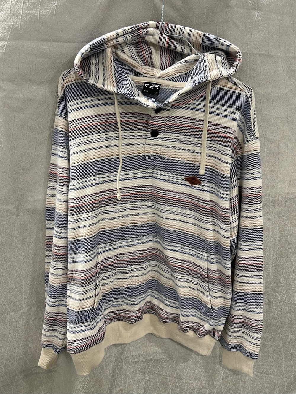 Billabong Striped Hooded Pullover in Blue & Beige with Red Accents